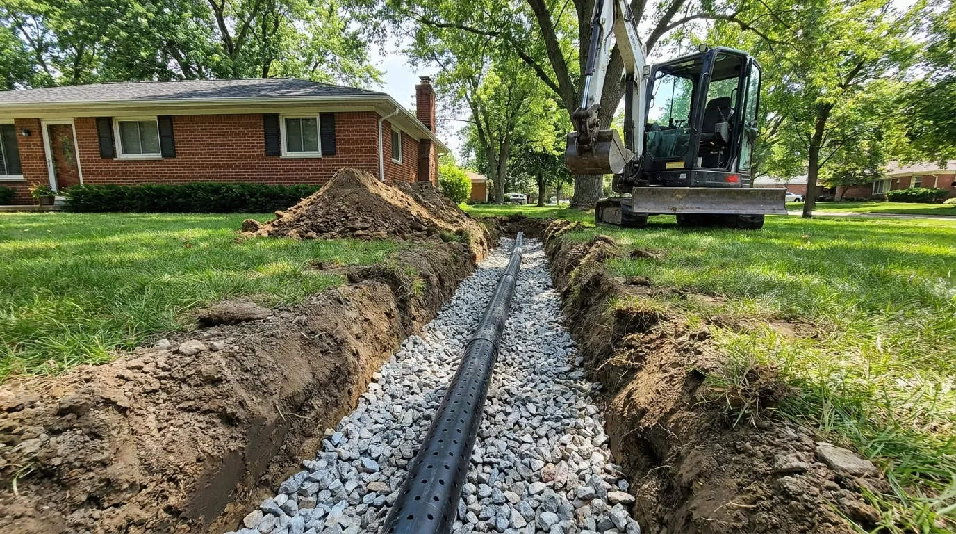 French drain trench with gravel and pipe on a Dearborn lot