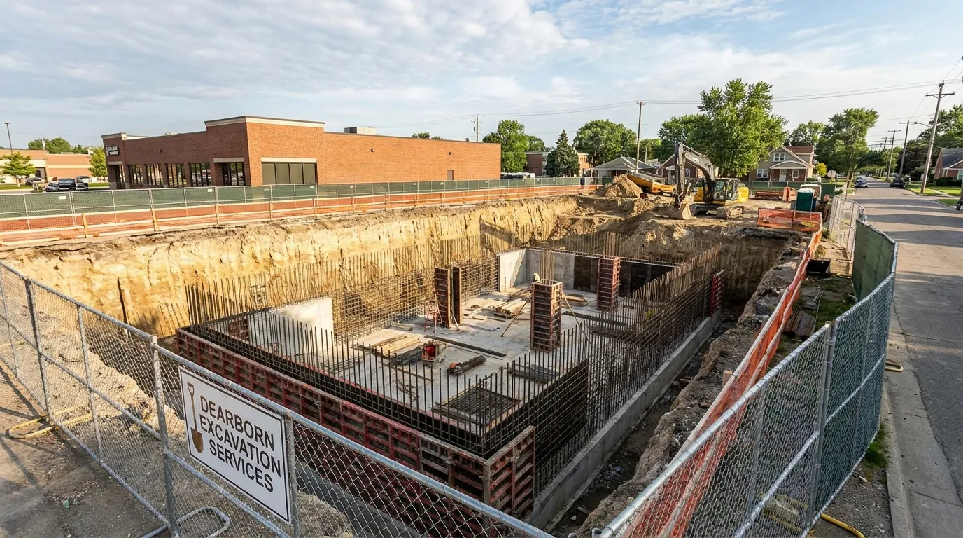 Open foundation excavation on a Dearborn building site
