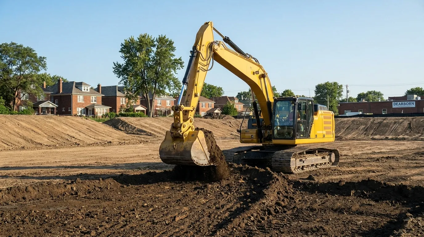 Excavator moving soil on a graded lot in Dearborn, Michigan