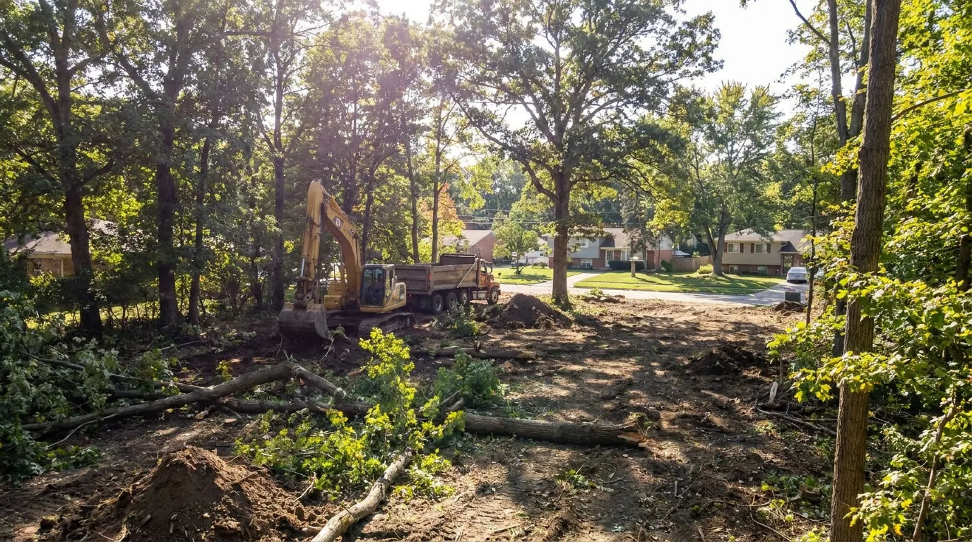 Land clearing underway on a wooded lot in Taylor, Michigan