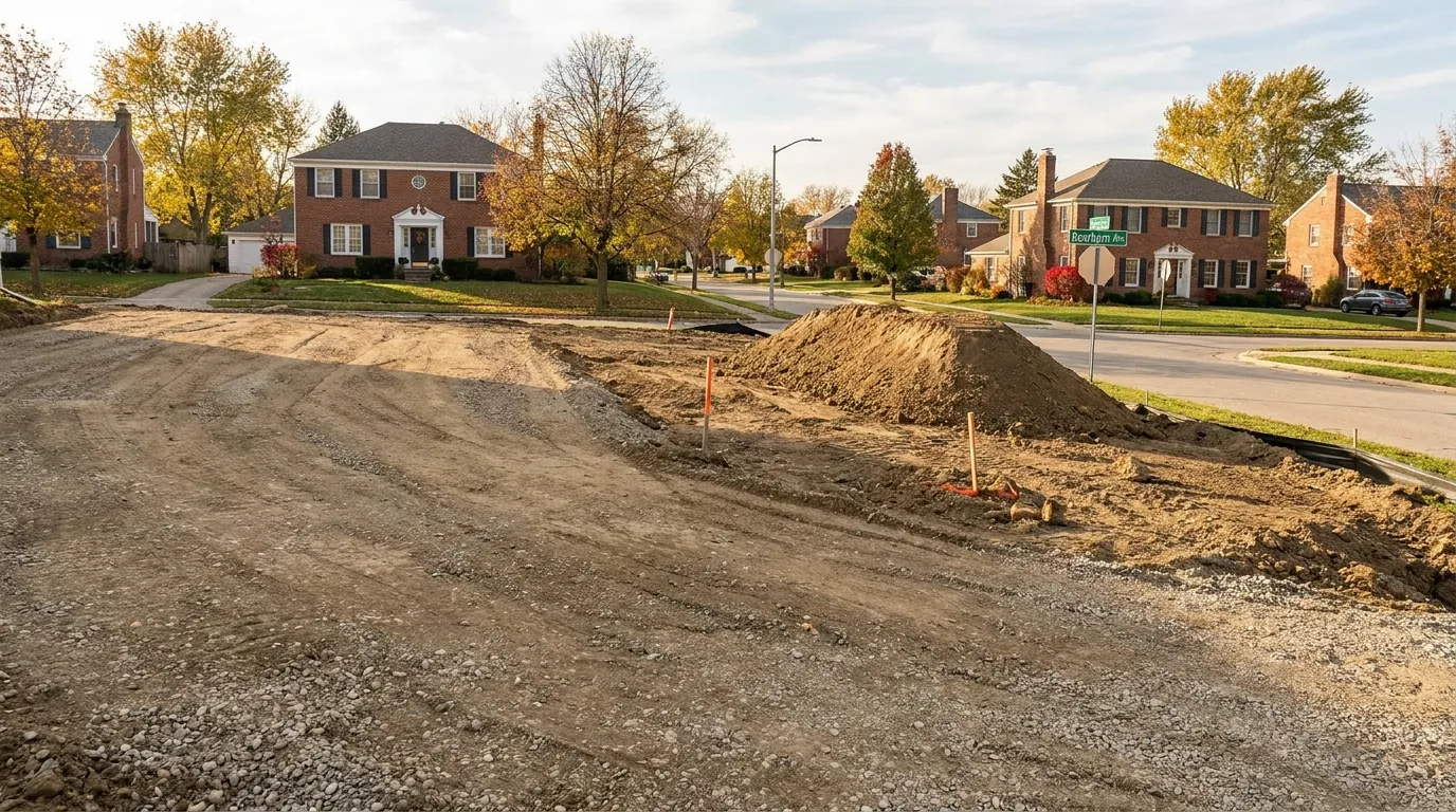 Graded building lot with a compacted, sloped surface in Dearborn