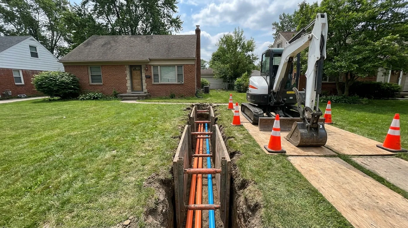 Utility trench being dug on a residential lot in Westland, Michigan